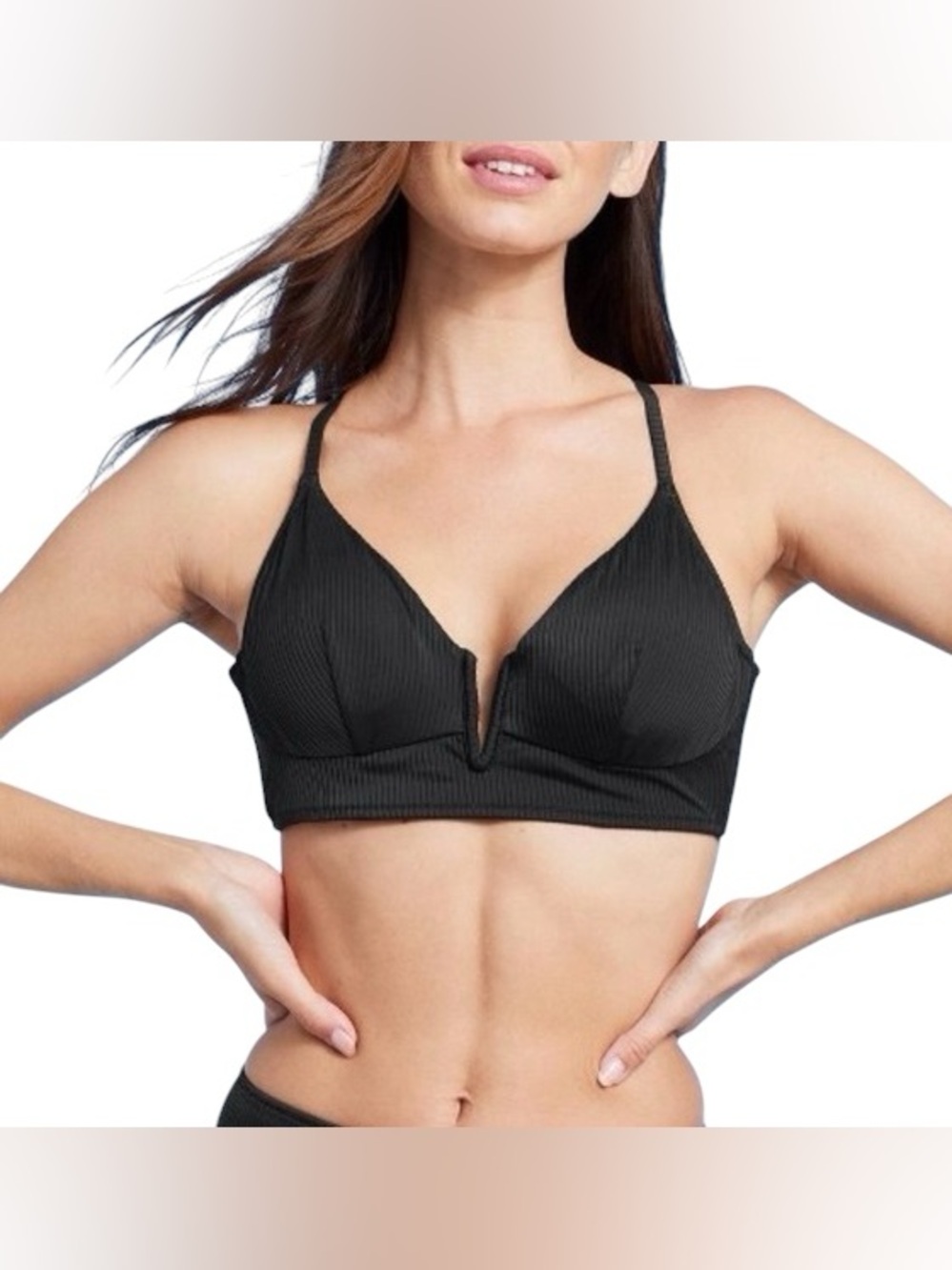 Shade & Shore Ribbed Longline V-Wire Bikini Top Black 34D